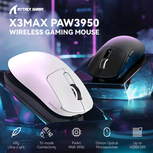 Attack Shark X3Max Wireless Gaming Mouse – 42K DPI | PAW3950 Sensor | 49g Ultralight | Tri-Mode – Black/White (Sealed Pack)