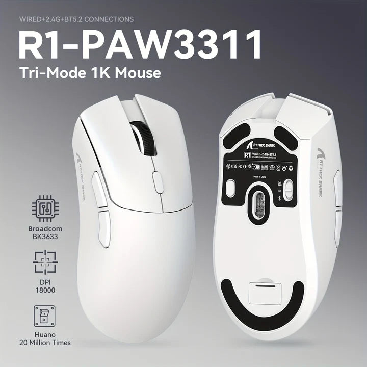 Attack Shark R1 Wireless Gaming Mouse | Tri-Mode (Bluetooth + 2.4G + USB-C) | Ultra-Light 55g | PAW3311 Sensor | 18000 DPI