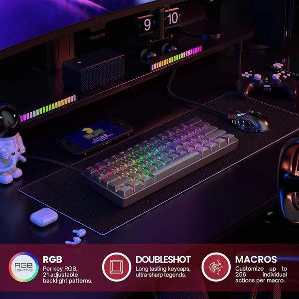 HK Gaming GK61 V3 – 60% Hot-Swappable Mechanical Keyboard | Brown Switches | RGB | US Layout
