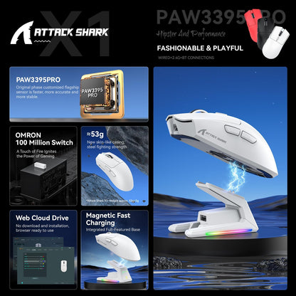 Attack Shark X1 Wireless Gaming Mouse with RGB Touchpad Charging Dock, PAW3395 Pro Sensor Up to 40K DPI, 53g Ultra Light Tri-Mode – White/Black