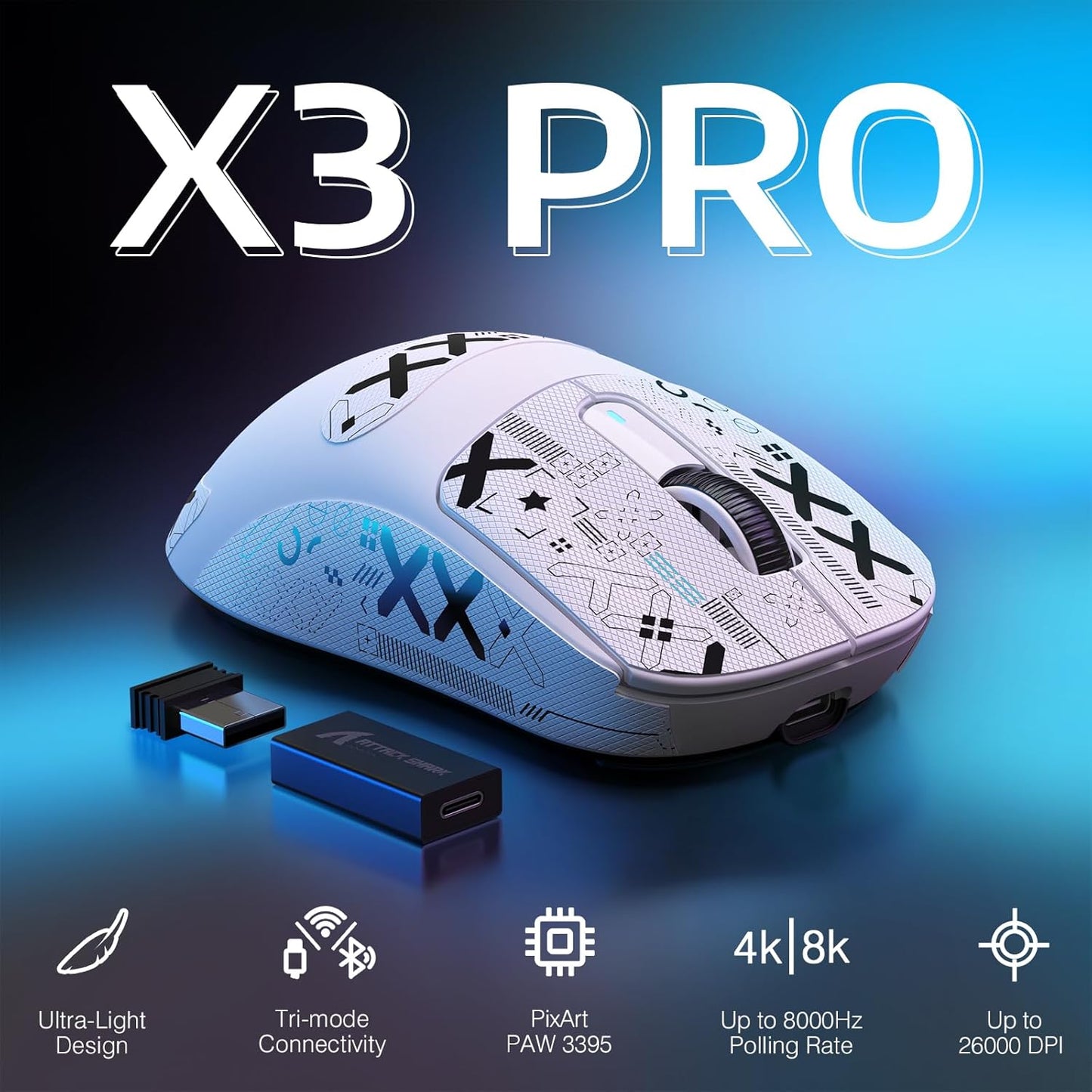 Attack Shark X3PRO PAW3395 Wireless 8K Gaming Mouse – White / Black | Superlight 59g | PAW3395 Sensor | 4K Wired / 8K Wireless | 200h Battery | Tri-Mode BT / 2.4G / Wired