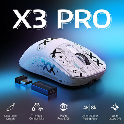 Attack Shark X3PRO PAW3395 Wireless 8K Gaming Mouse – White / Black | Superlight 59g | PAW3395 Sensor | 4K Wired / 8K Wireless | 200h Battery | Tri-Mode BT / 2.4G / Wired