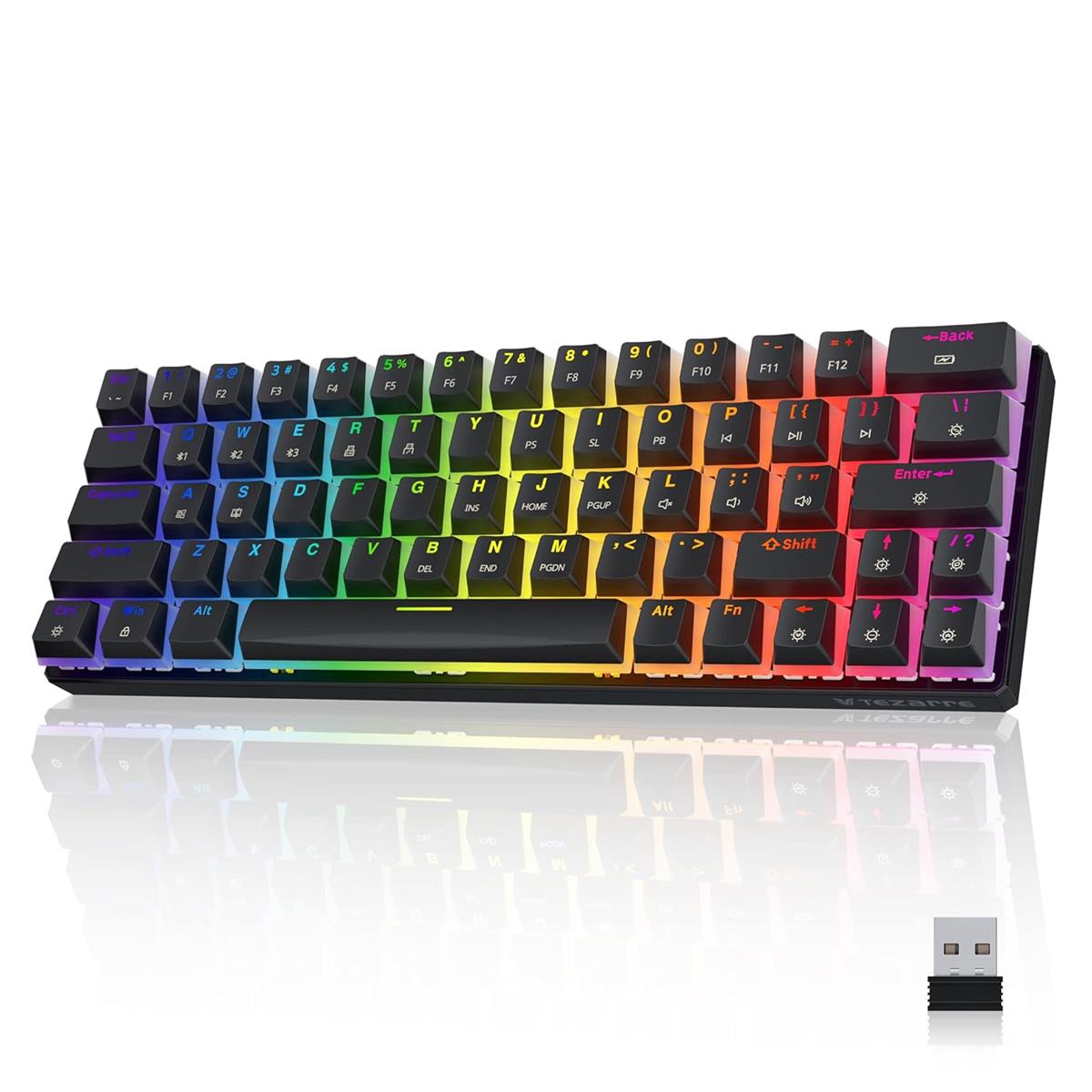 Tezarre TK63 Pro Wireless RGB Mechanical Gaming Keyboard | Bluetooth, 2.4G & USB-C | Hot-Swappable Gateron Red/Blue Switch | 60% Compact Design
