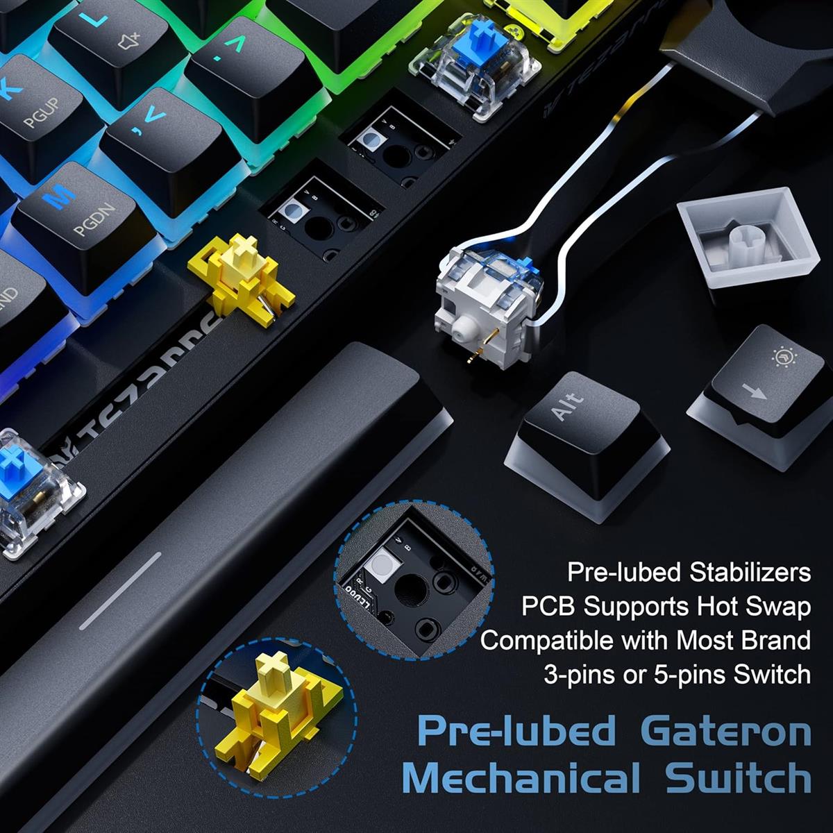 Tezarre TK63 Pro Wireless RGB Mechanical Gaming Keyboard | Bluetooth, 2.4G & USB-C | Hot-Swappable Gateron Red/Blue Switch | 60% Compact Design