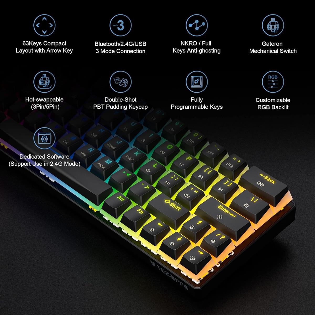 Tezarre TK63 Pro Wireless RGB Mechanical Gaming Keyboard | Bluetooth, 2.4G & USB-C | Hot-Swappable Gateron Red/Blue Switch | 60% Compact Design