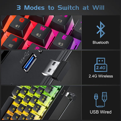 Tezarre TK63 Pro Wireless RGB Mechanical Gaming Keyboard | Bluetooth, 2.4G & USB-C | Hot-Swappable Gateron Red/Blue Switch | 60% Compact Design