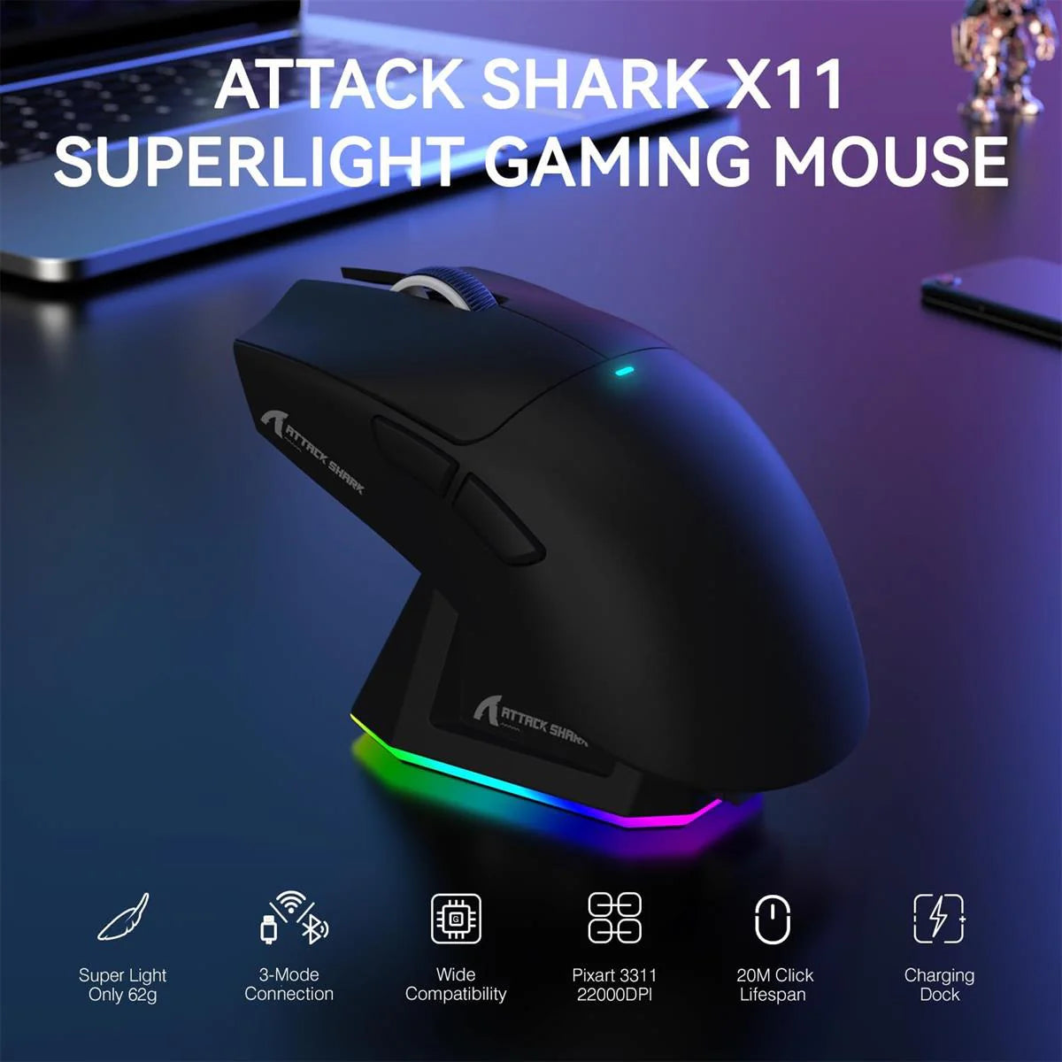 Attack Shark X11 Wireless Gaming Mouse with RGB Charging Dock | Tri-Mode (Bluetooth + 2.4G + USB-C) | 22000 DPI | 62g Ultra-Light | Grip Tape Combo – White/Black