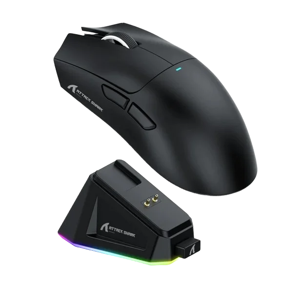 Attack Shark X11 Wireless Gaming Mouse with RGB Charging Dock | Tri-Mode (Bluetooth + 2.4G + USB-C) | 22000 DPI | 62g Ultra-Light | Grip Tape Combo – White/Black