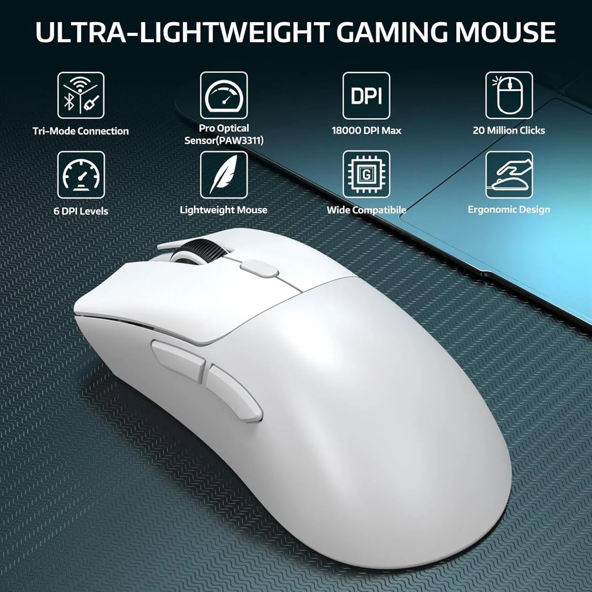 Attack Shark R1 Wireless Gaming Mouse | Tri-Mode (Bluetooth + 2.4G + USB-C) | Ultra-Light 55g | PAW3311 Sensor | 18000 DPI