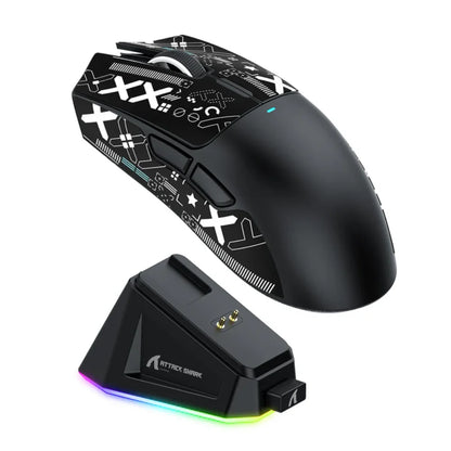 Attack Shark X11 Wireless Gaming Mouse with RGB Charging Dock | Tri-Mode (Bluetooth + 2.4G + USB-C) | 22000 DPI | 62g Ultra-Light | Grip Tape Combo – White/Black
