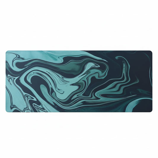 Liquid Swirl Aesthetic Desk Mat - Large Teal & Navy Gaming Mousepad - 35.4" x 11.5"
