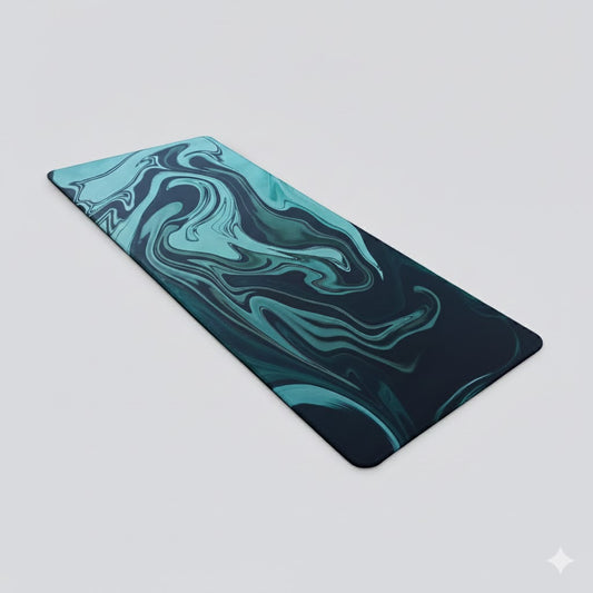Liquid Swirl Aesthetic Desk Mat - Large Teal & Navy Gaming Mousepad - 35.4" x 11.5"